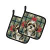 Brindle Shih Tzu Christmas PoinsettIas Pair of Pot Holders Pair 7.5x7.5 Quilted Insulated Hot Pads Decorative Kitchen Gift Made in USA