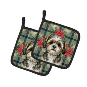 Brindle Shih Tzu Christmas PoinsettIas Pair of Pot Holders Pair 7.5x7.5 Quilted Insulated Hot Pads Decorative Kitchen Gift Made in USA