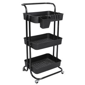 Black-White Color Options 1Pc 3 Tier Rolling Utility Cart Movable Storage Organizer With Mesh Baskets Lockable Wheels 360 Degree Rotatable Hangin (Color: Black)
