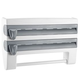 1Pc Kitchen Roll Dispenser Paper Roll Holder Plastic Wrap Film Foil Paper Organizer With Cutter Wall Mounted For Kitchen Bathroom (Color: Grey)