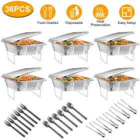 36Pcs Per Set Disposable Chafing Dish Buffet Set Food Warmers For Party Buffet Server Catering Supplies With Covers Utensils Half Size Food Pans (Color: Silver)